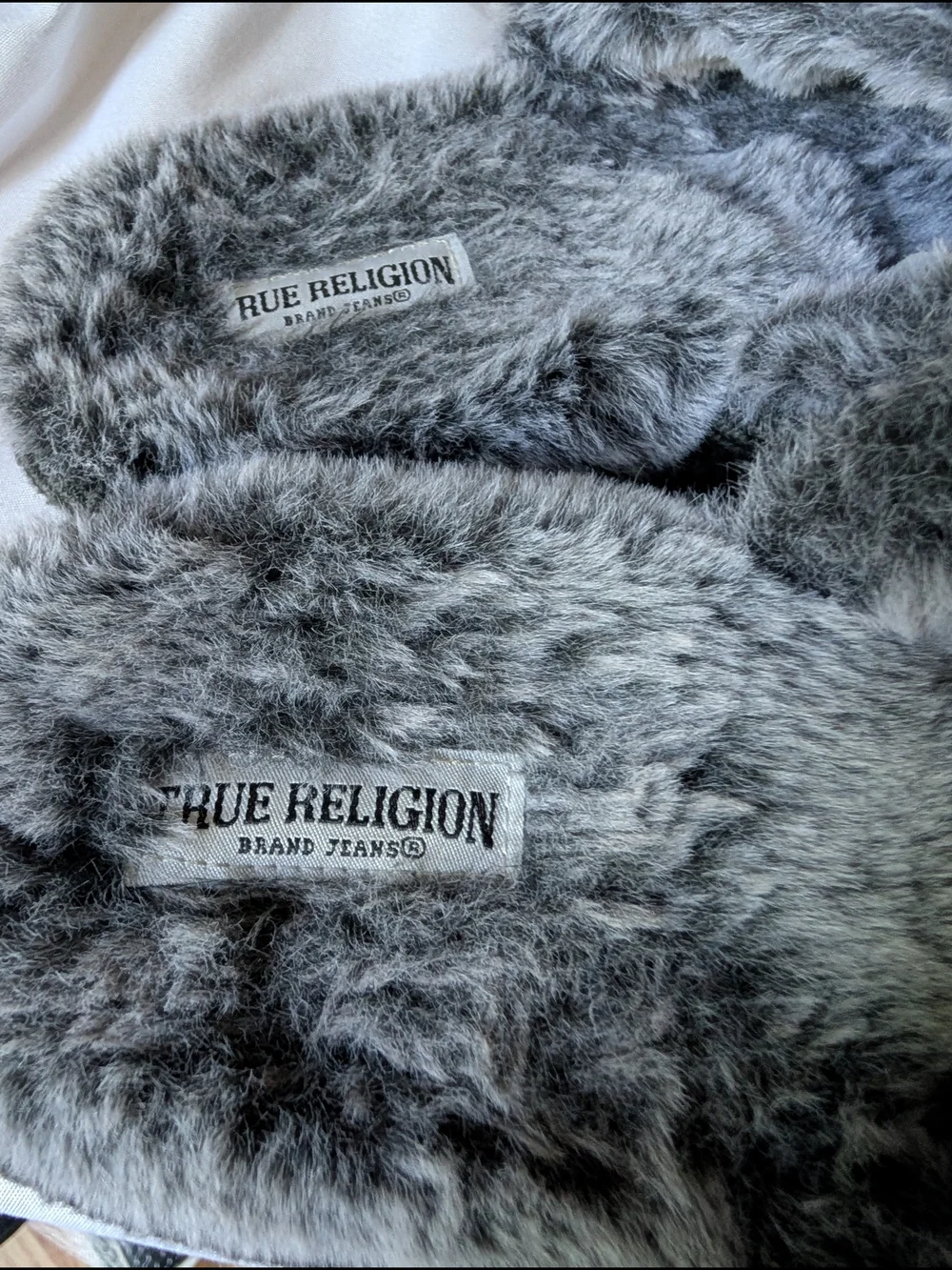 True Religion Gray Faux Fur Slide Slippers